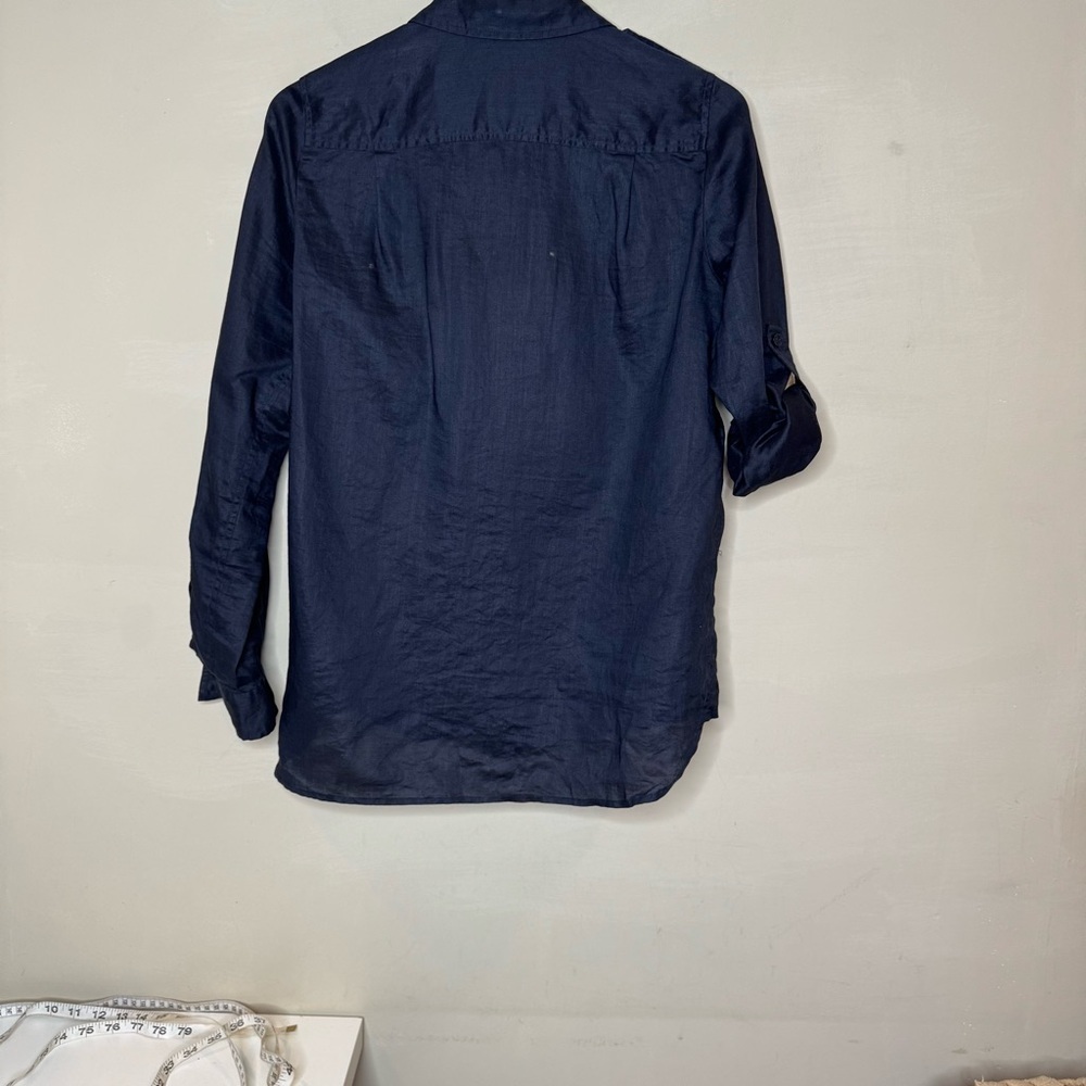 Michael Kors Navy Blue Ramie Button Down Shirt Gold Button Shoulder Size S - Picture 5 of 10